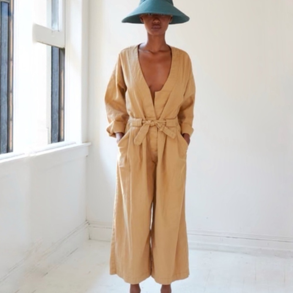 PRISTINE!! 🌟RACHEL COMEY🌟 GILL COTTON SNAP FRONT UTILITY JUMPSUIT TAN SZ 0